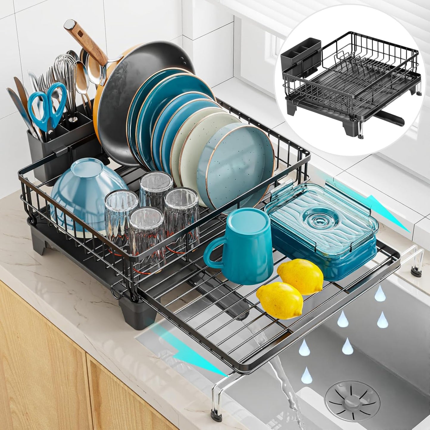 GSlife Extendable Dish Drying Rack - Large 2-in-1 Dish Racks for Kitchen Counter or Over Sink, Anti-Rust Dish Drainer with Drainboard, 2 Pan Slots and Utensil Holder, Black