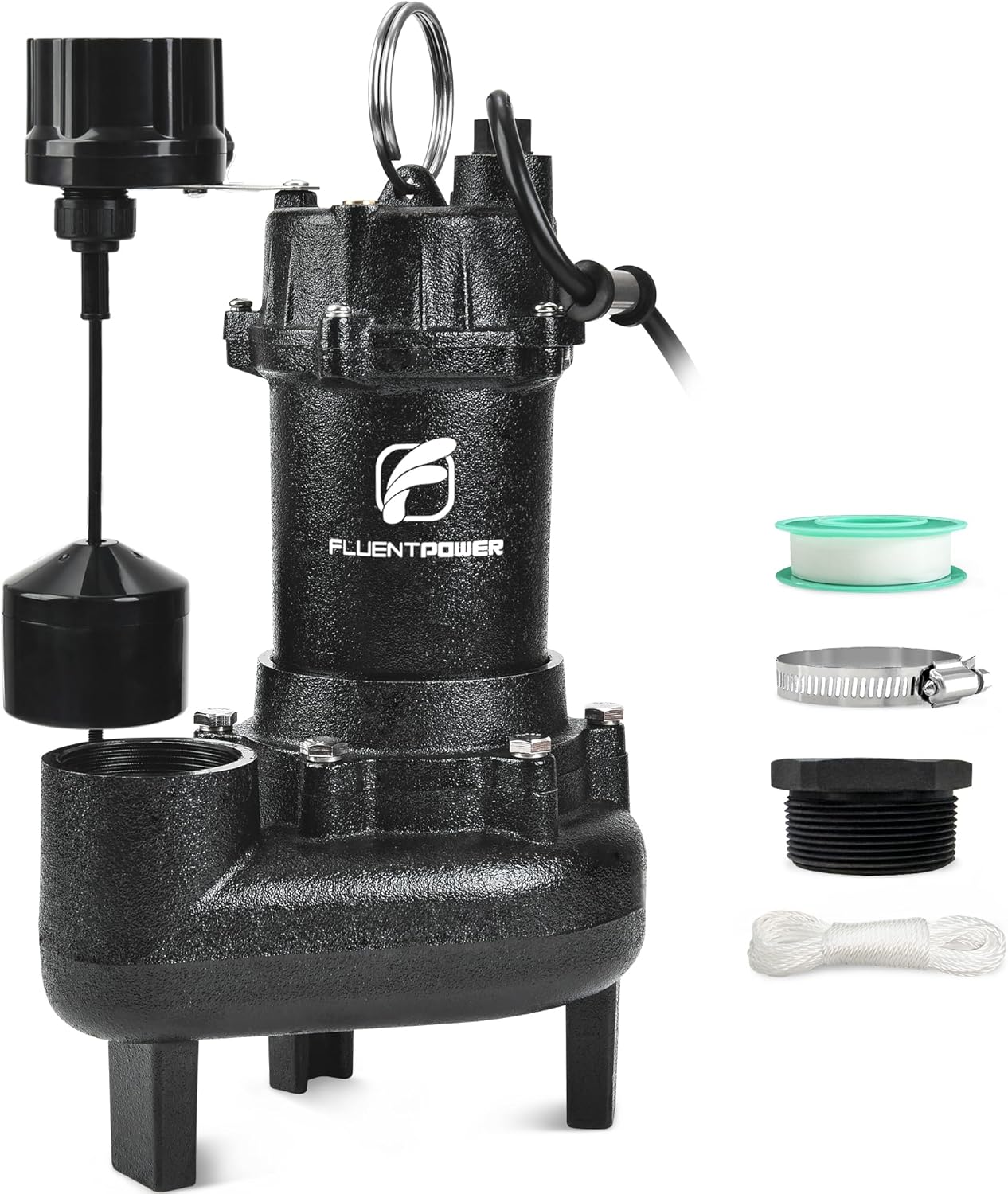 FLUENTPOWER 3\/4HP 5000GPH Sewage Effluent Pump, Cast Iron Ejector Submersible Sewer Pump, with Automatic Vertical Float Switch for Basement Residential Septic Basin, 10 ft Cord, 2" NPT Discharge