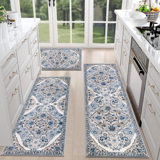 HEBE Farmhouse Kitchen Rugs Sets of 3 Non Slip Washable Boho Kitchen Rugs and Mats for Floor Kitchen Runner Rug Floor Carpet for Kitchen, Laundry, Hallways