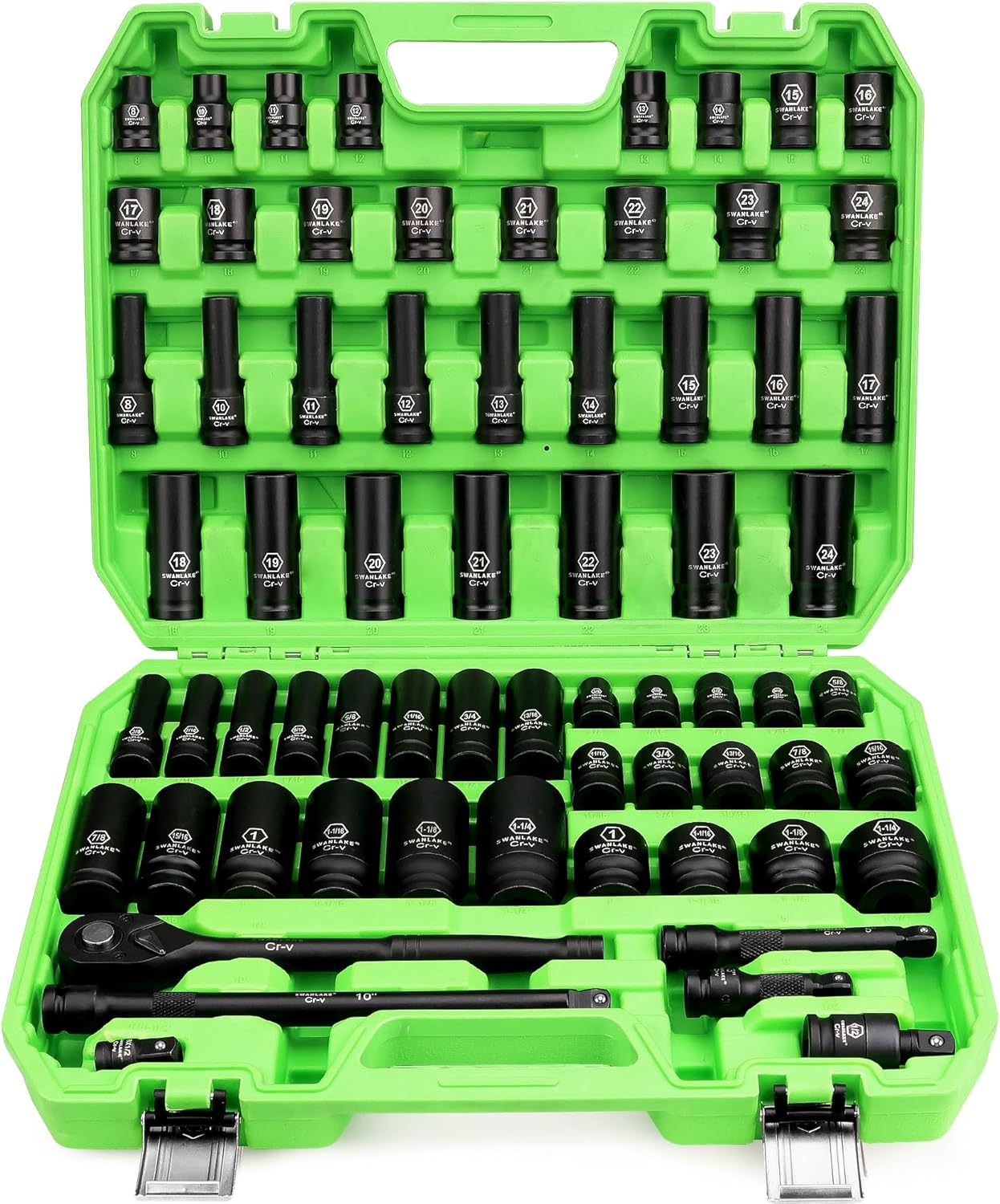 SWANLAKE 1\/2" Drive Impact Socket Set, 66-Piece Standard SAE (3\/8"-1-1\/4") and Metric (8-24mm) Size, 6 Point, Cr-V, 1\/2-Inch Drive Ratchet Handle, Extension Bar, Impact Universal Joint