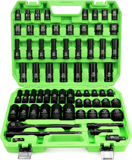 SWANLAKE 1\/2" Drive Impact Socket Set, 66-Piece Standard SAE (3\/8"-1-1\/4") and Metric (8-24mm) Size, 6 Point, Cr-V, 1\/2-Inch Drive Ratchet Handle, Extension Bar, Impact Universal Joint