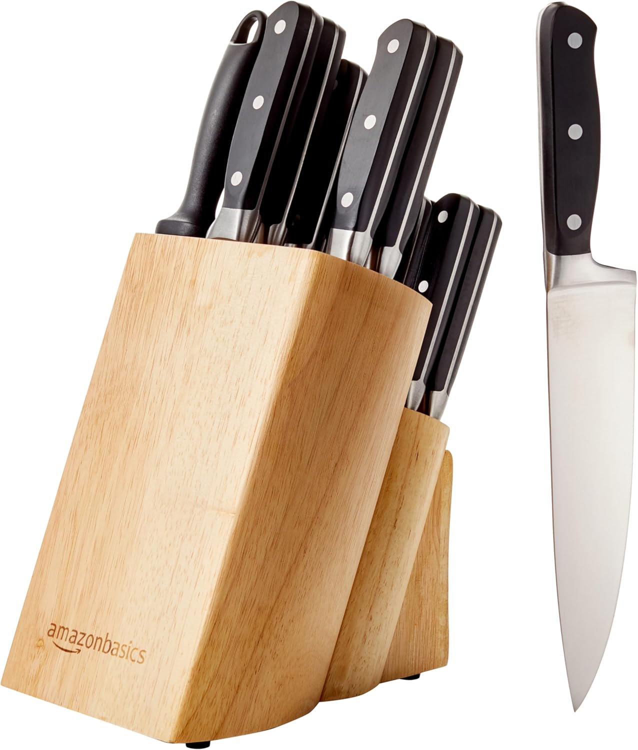 Amazon Basics 18 Pieces Premium High-Carbon Stainless Steel Blades with Pine Wood Knife Block Set,Kitchen, Black