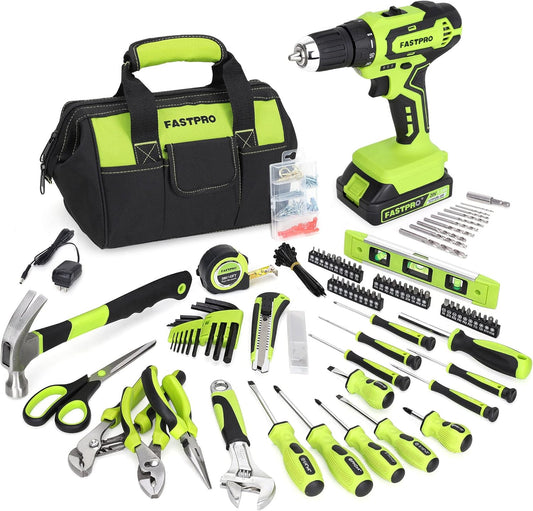FASTPRO 232-Piece 20V Cordless Lithium-Ion Drill Driver & Home Tool Set, Household Repairing Tools Kit with Drill, 12-Inch Wide Mouth Storage Bag, Green