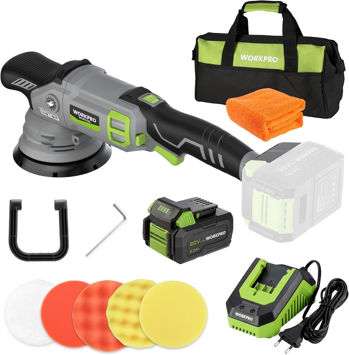 WORKPRO 5" Cordless Car Buffer Polisher, 20V Professional Brushless Polisher with 4.0Ah Battery, Orbital Pulidora De Autos Inalambrica with 7 Speed, Random Polisher Kit for Car Detailing, Waxing