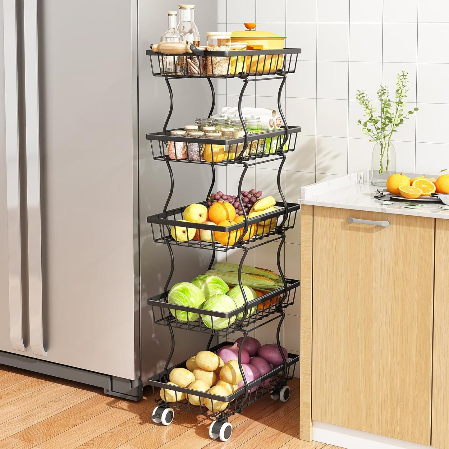 Fruit Basket Kitchen Pantry Organizers and Storage - 5 Tier Stackable Metal Wire Basket Stand for Fruit Vegetable Snacks Jars Bins Containers Organization, Black
