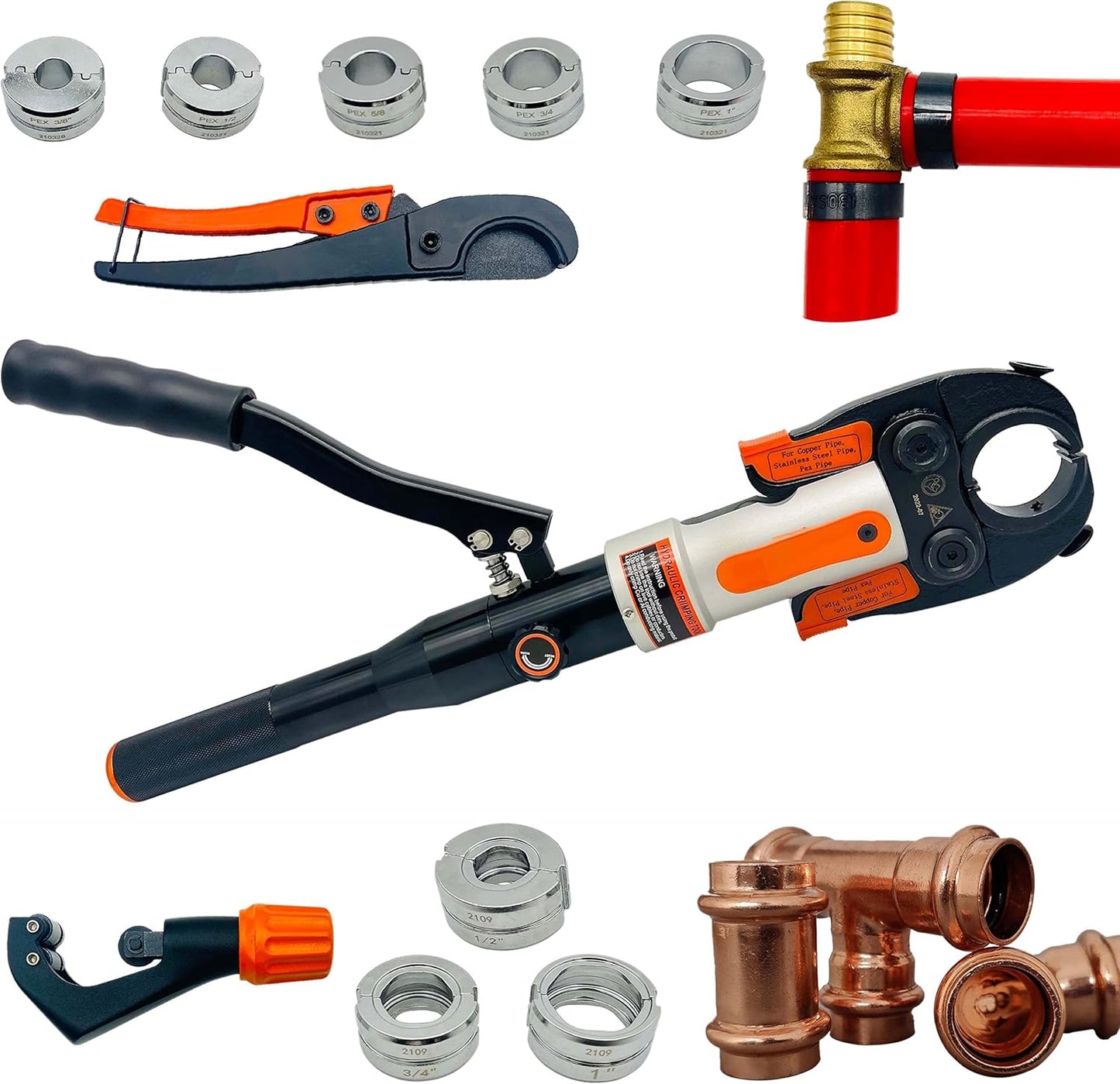 Hydraulic Copper Pipe Tube Fittings Crimping Tool with 1/2,3/4 and 1-inch Dies for ProPress Copper Pipe Fitting and 3/8",1/2",5/8",3/4",1" Dies for ASTM F1807 Pex Pipe Copper Ring