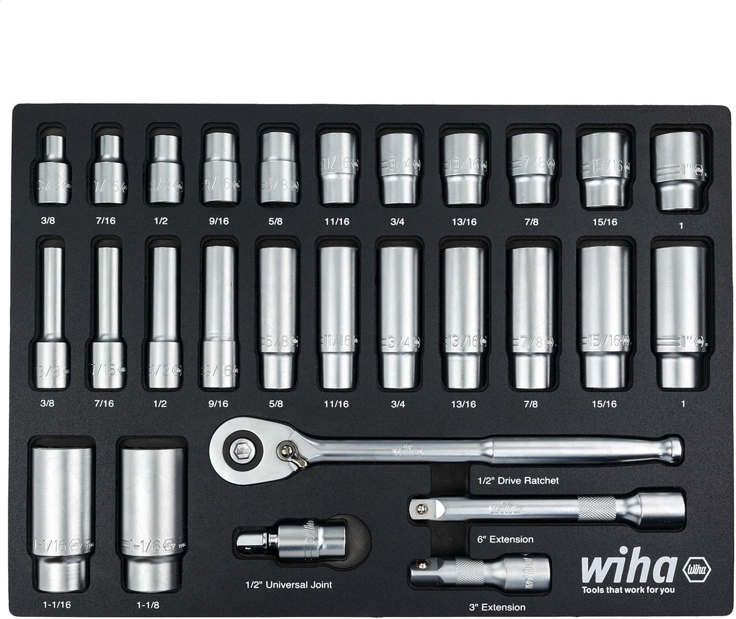 Wiha 33896 28 Piece 1/2" Drive Professional Standard and Deep Socket Tray Set - SAE