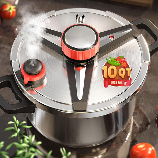 18\/8 Stainless Steel Pressure Cooker 10 QT, [Save 70% Cooking Time] Olla De Presion with Food-Grade Body [One Hand Operation] Rotating Lock\/Unlocking Lid System, Steam Rack Included