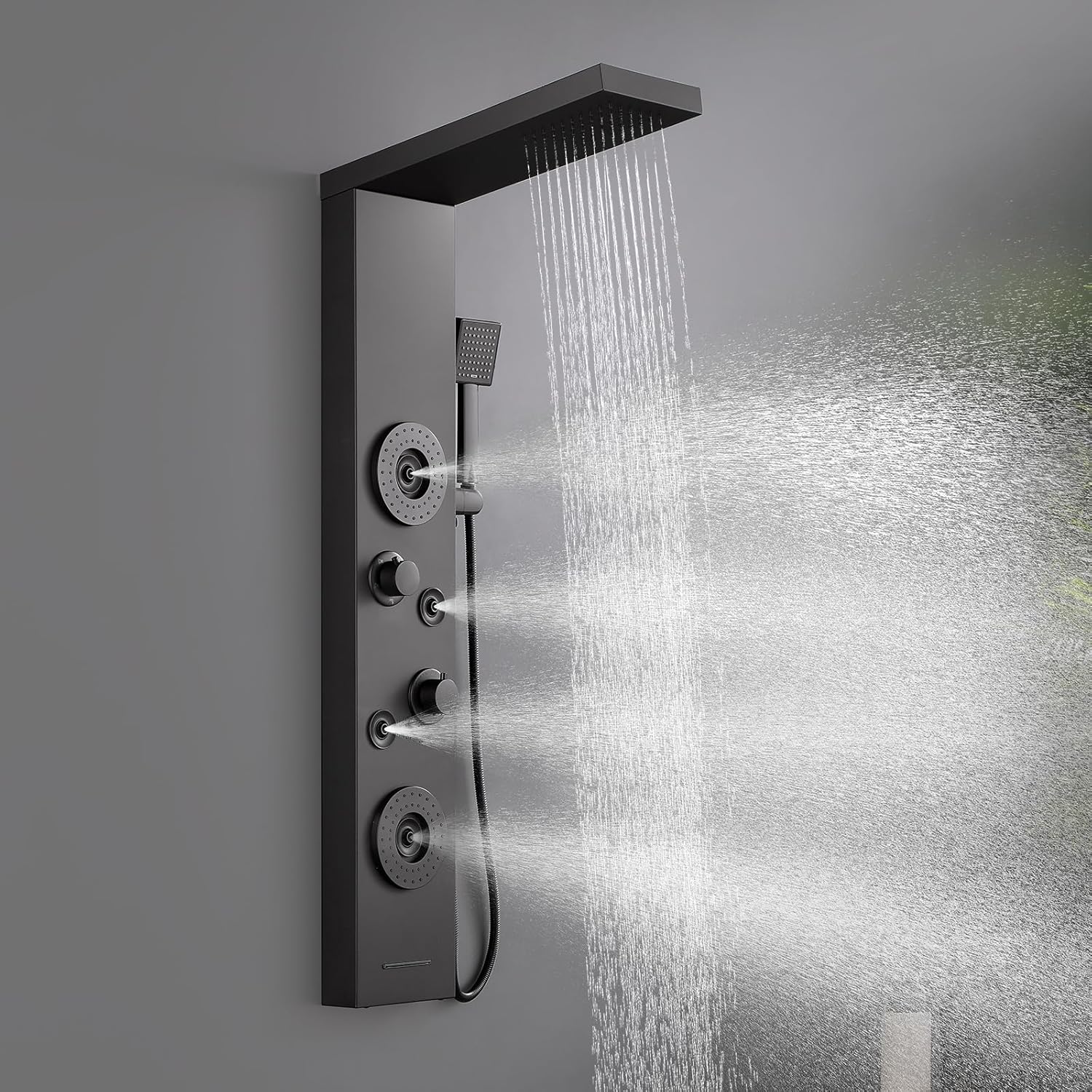 ROVATE Shower Panel Tower System with Rainfall Shower, Elegant Matte Black Shower Tower with Powerful Body Massage Jets, Handheld and Tub Spout, Stainless Steel Shower Column High Pressure
