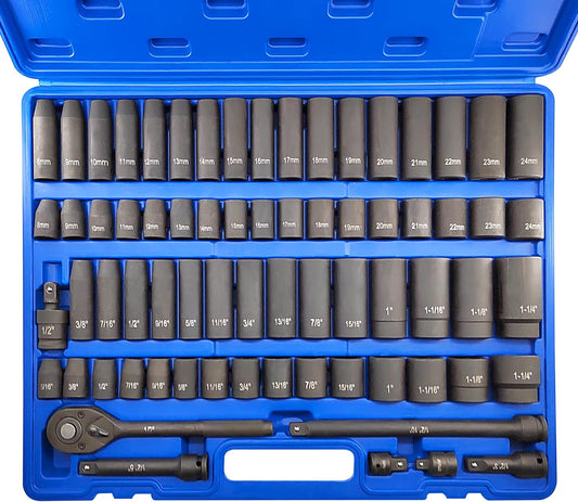 70pcs 1/2" Drive Impact Socket Set, Cr-V Steel, SAE & Metric, Standard/Deep Sockets with 72 Teeth Ratchet Handle, Extension Bar, and Adapters
