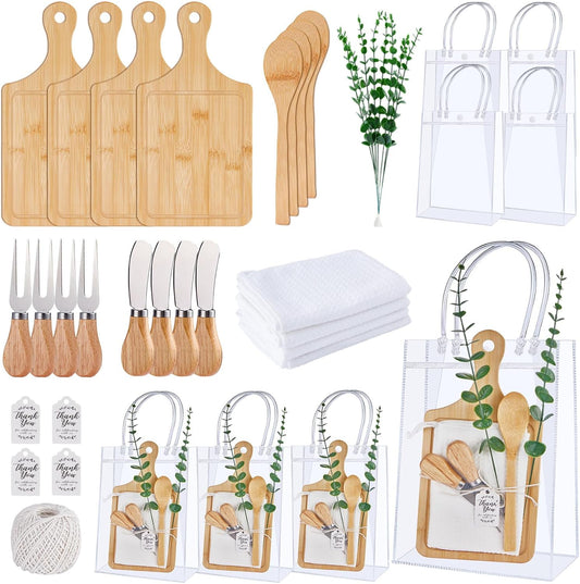 Baby Shower Prizes for Game Winners Bamboo Cheese Board Spoon Fork Butter Spreaders Plaid Towel Thank You Card and Gift Bags for Baby Shower Wedding Bridal Shower Favors (Bamboo, 4 Sets)