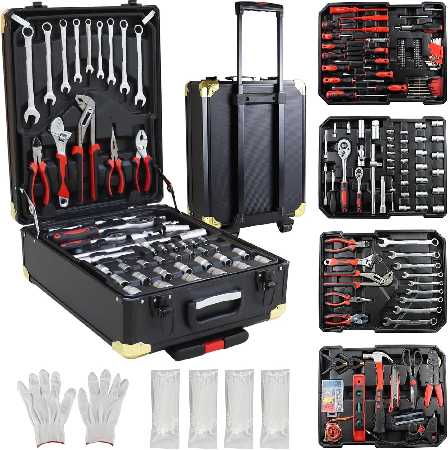 899pcs Home Repair Tool Set Kit for Men, Toolbox Storage Case with 4 Drawers, General Household Tool Kit with Rolling Tool Box, Tool Set Kit for Maintenance, Garden, Homeowner, Handyman -Black