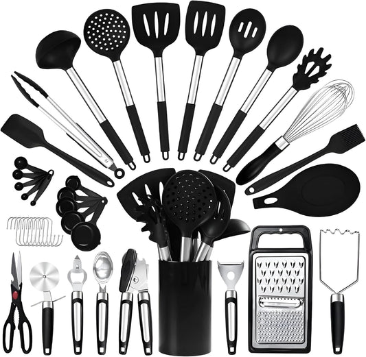 40PCs Silicone Cooking Utensils Set 446℉ Heat Resistance, RFAQK BPA Free Kitchen Utensils Set for Nonstick Cookware, Gadgets includes Can Opener, Potato Smasher,Peeler,Tongs,Spatula Set,Pizza Cutter