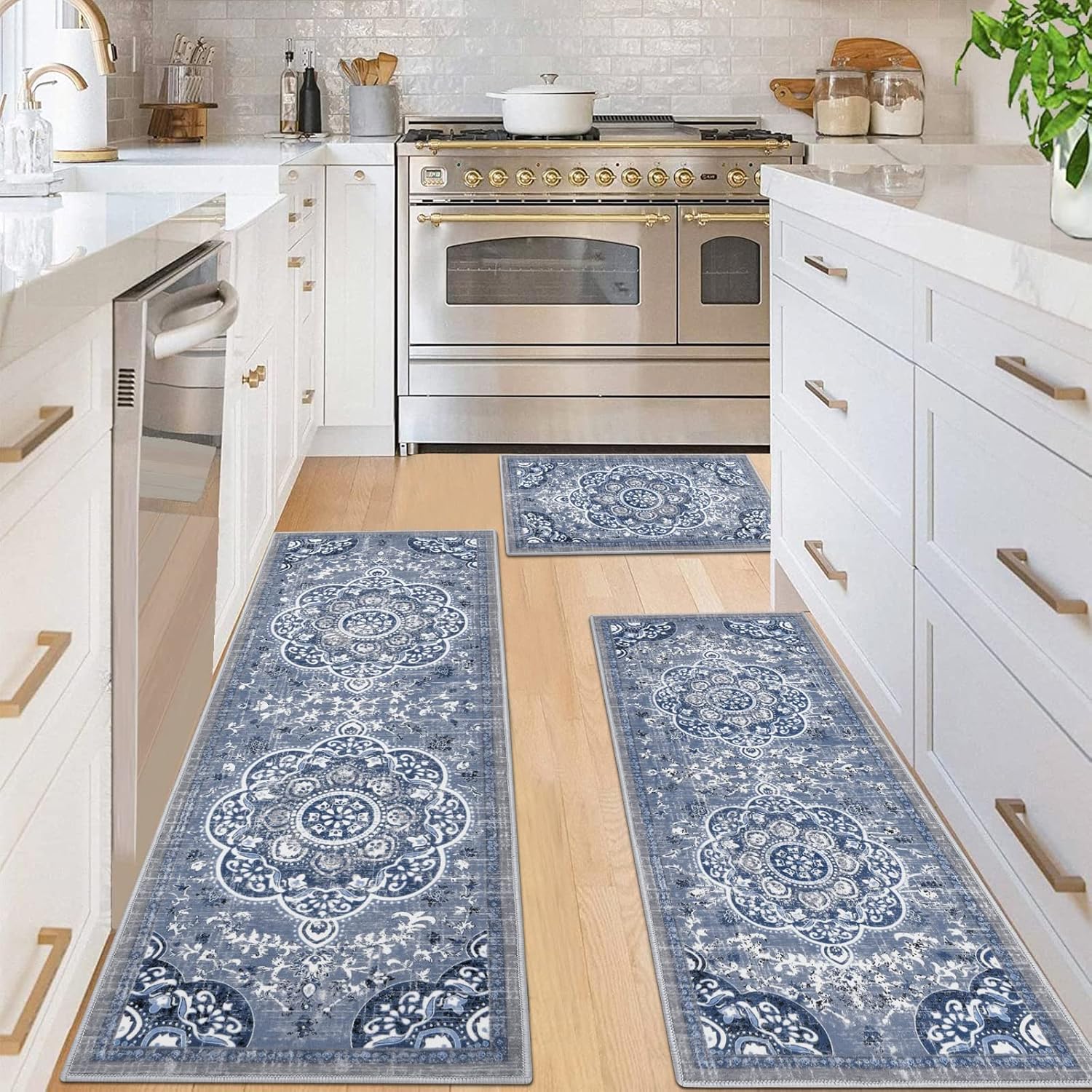 Ileading Boho Kitchen Rugs Sets 3 Piece with Runner Floral Kitchen Floor Mat Carpet Farmhouse Kitchen Rugs and Mats Non Skid Washable Runner Rug for Kitchen Floor Office Sink Laundry, Blue