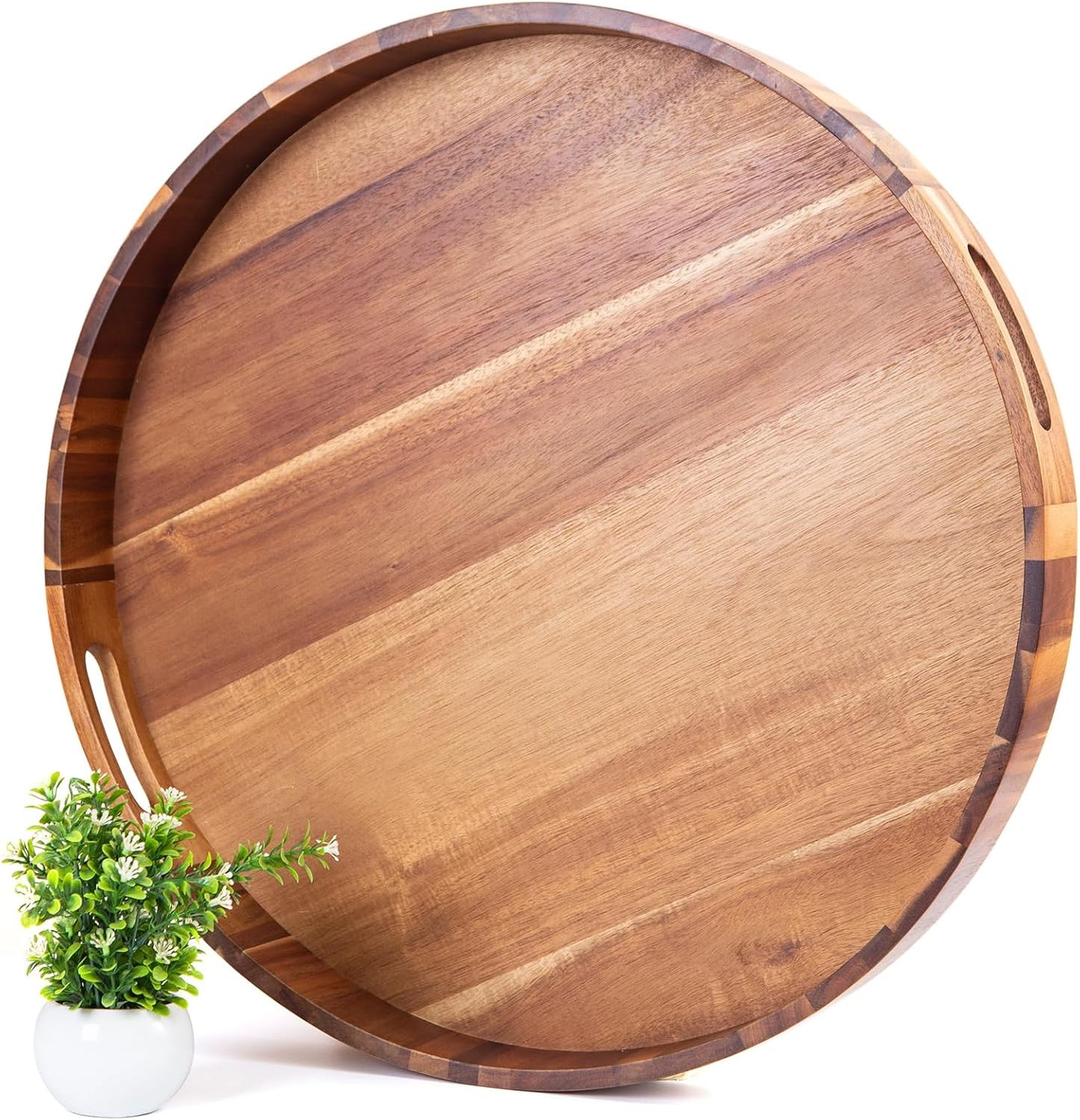 Decent Vrvege Extra Large Round Ottoman Coffee Table Tray, 22" Big Kitchen Serving Trays for Huge Ottoman Counter Giant Decorative Organizer, Huge Wood Serveware Tray with Built-in Handle for Big Job
