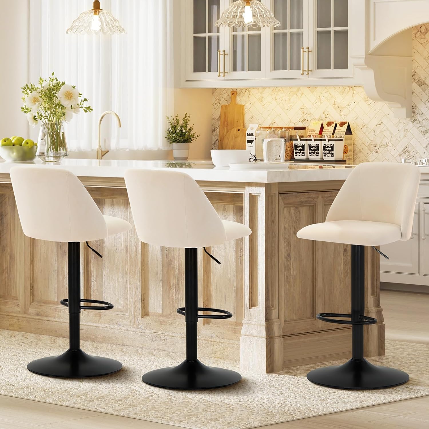 COLAMY Bar Stools Set of 3, Modern Swivel Bar Chairs, Adjustable Upholstered Barstools Counter Height with Full Backrest for Bar, Dining Room, Kitchen Island, Beige