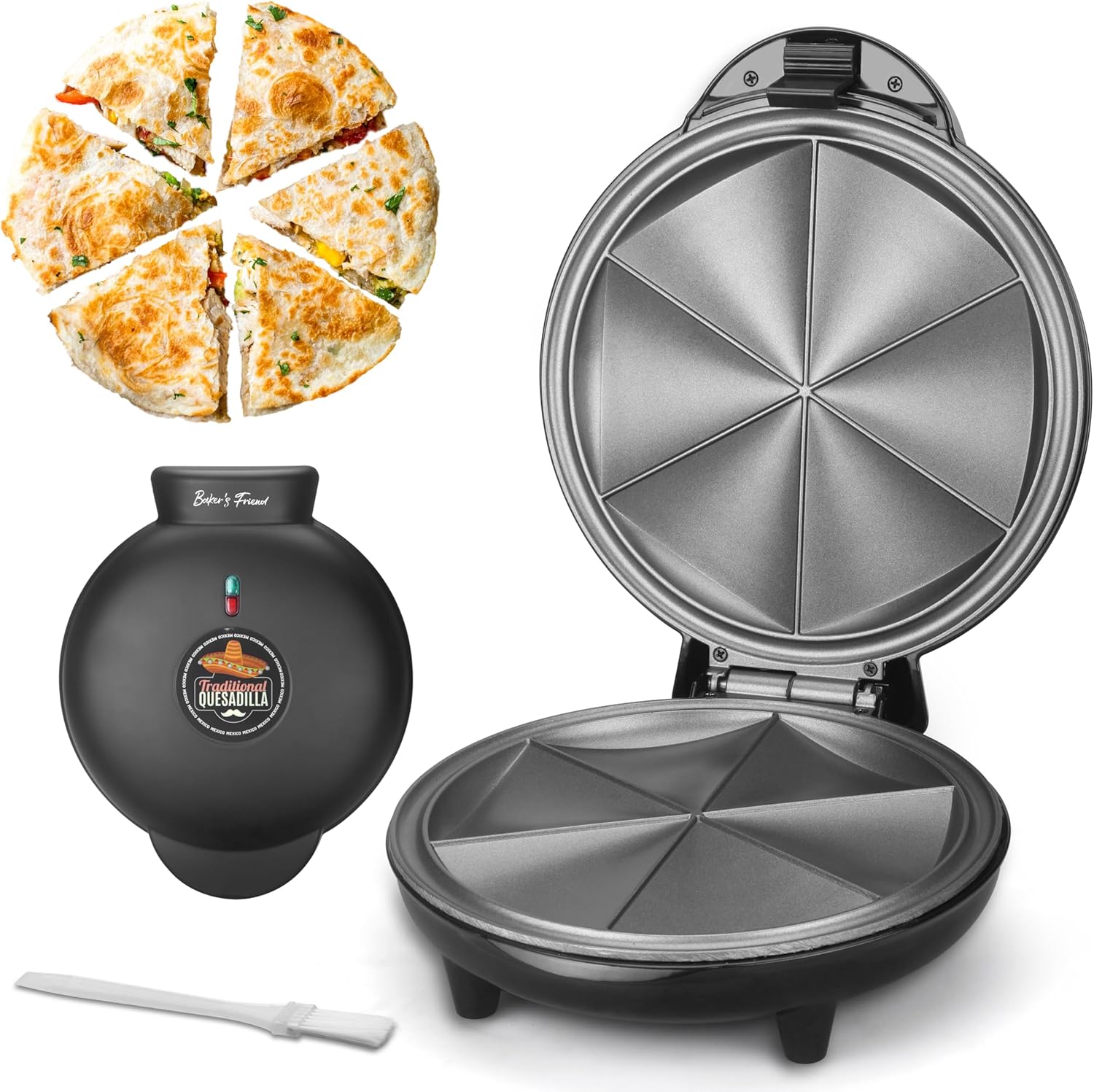 Baker's Friend Electric Quesadilla Maker with Extra Stuffing Design, 9.5 Inch with Easy Slice 6 Wedge, Non Stick Surface, Non-Slip Feet, Grilled Cheese Maker Machine, Graphite Black