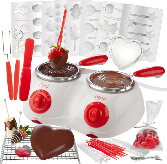 Dual Electric Chocolate Melting Pot Set- Halloween Candy Bar Making or Fondue Fountain Kit w\/ 30 Bonus Accessories-Dip, Drizzle & Decorate Strawberries, Marshmallow, Snacks- Party Appetizers Desserts