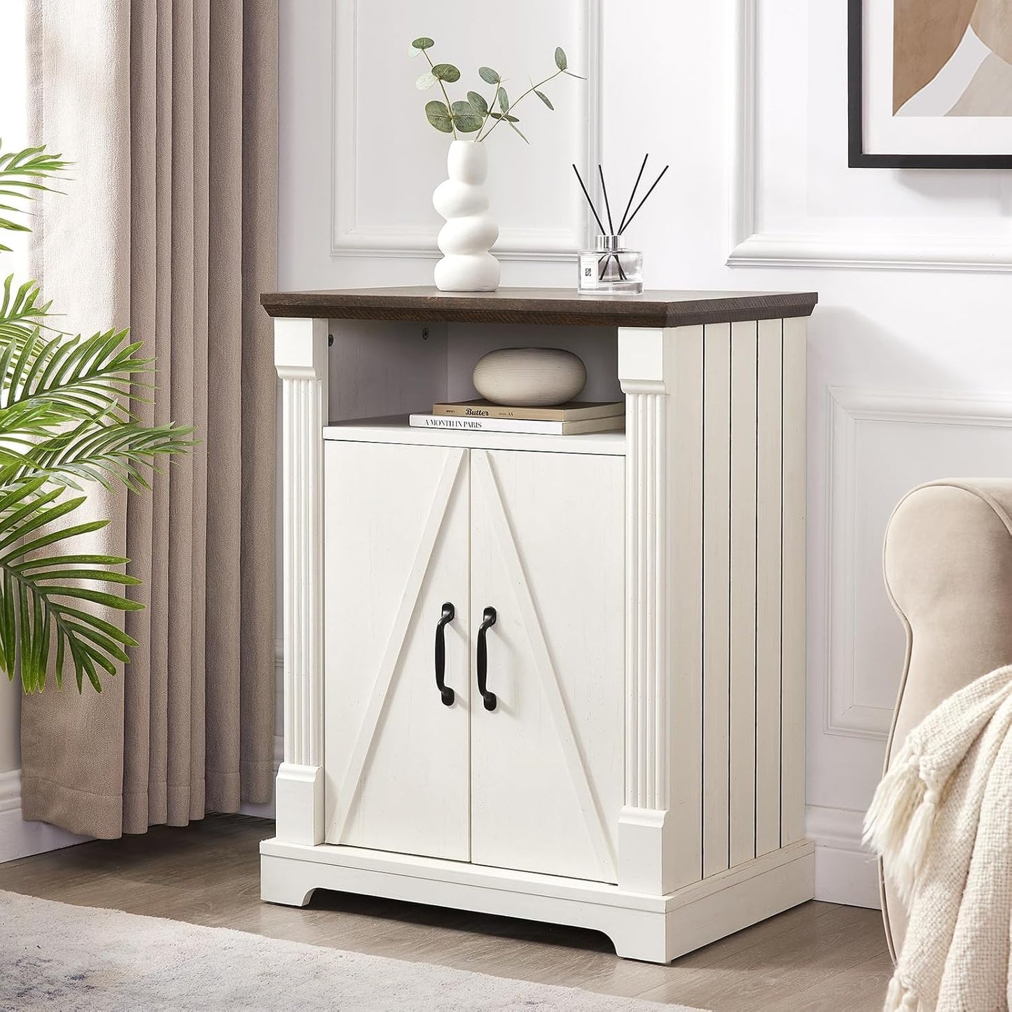 24" Farmhouse Storage Cabinet with Barn Doors, Antique White Freestanding Sideboard Buffet with Adjustable Shelf, Pantry Hutch Coffee Bar for Kitchen Bathroom Living Room - Small Floor Cabinet