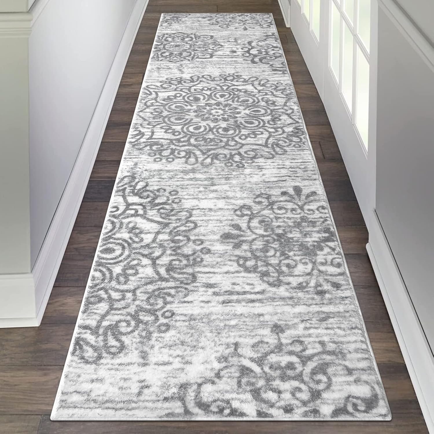 HEBE Hallway Runner Rug 2'x8' Washable Vintage Distressed Area Rugs Non Slip Laundry Rug Runner Boho Floor Carpet Runners for Hallways Entryway Laundry Room Kitchen Bathroom,Grey