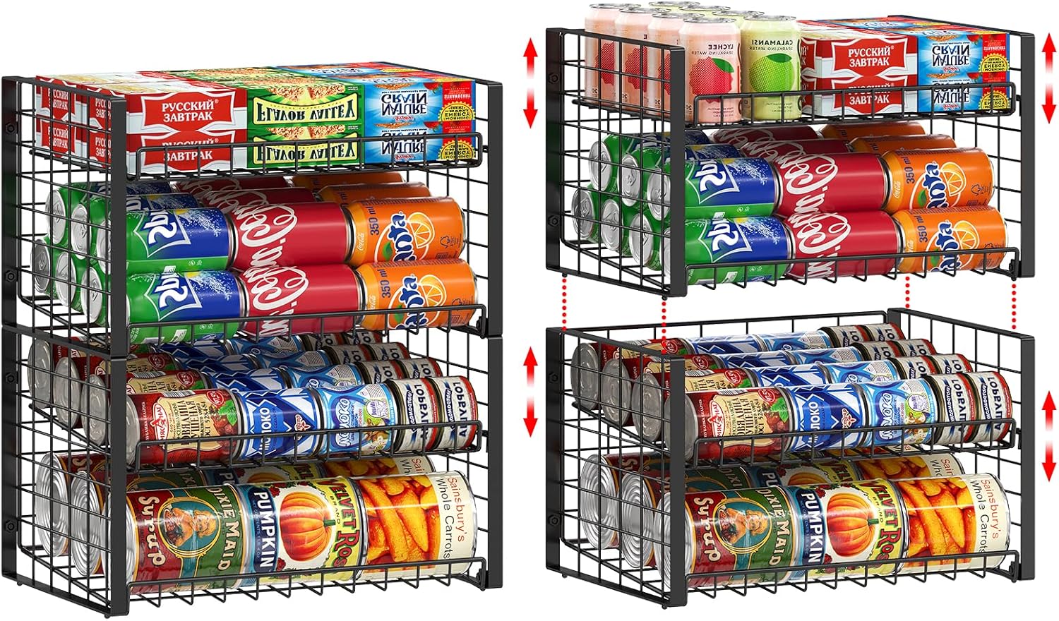 2 Pack Stackable Can Organizer for Pantry, Adjustable Can Holder Rack for Canned Food Soda Drink Goods Storage up to 60 Cans Storage, 2-Tier, Black