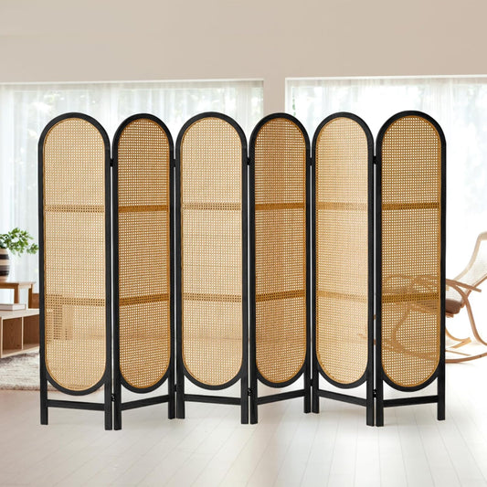 Leesinwing 6 Panels Room Dividers and Hand-Woven Rattan Room Divider Wall, Wood Room Divider Folding Privacy Screens for Home Office Bedroom, Black