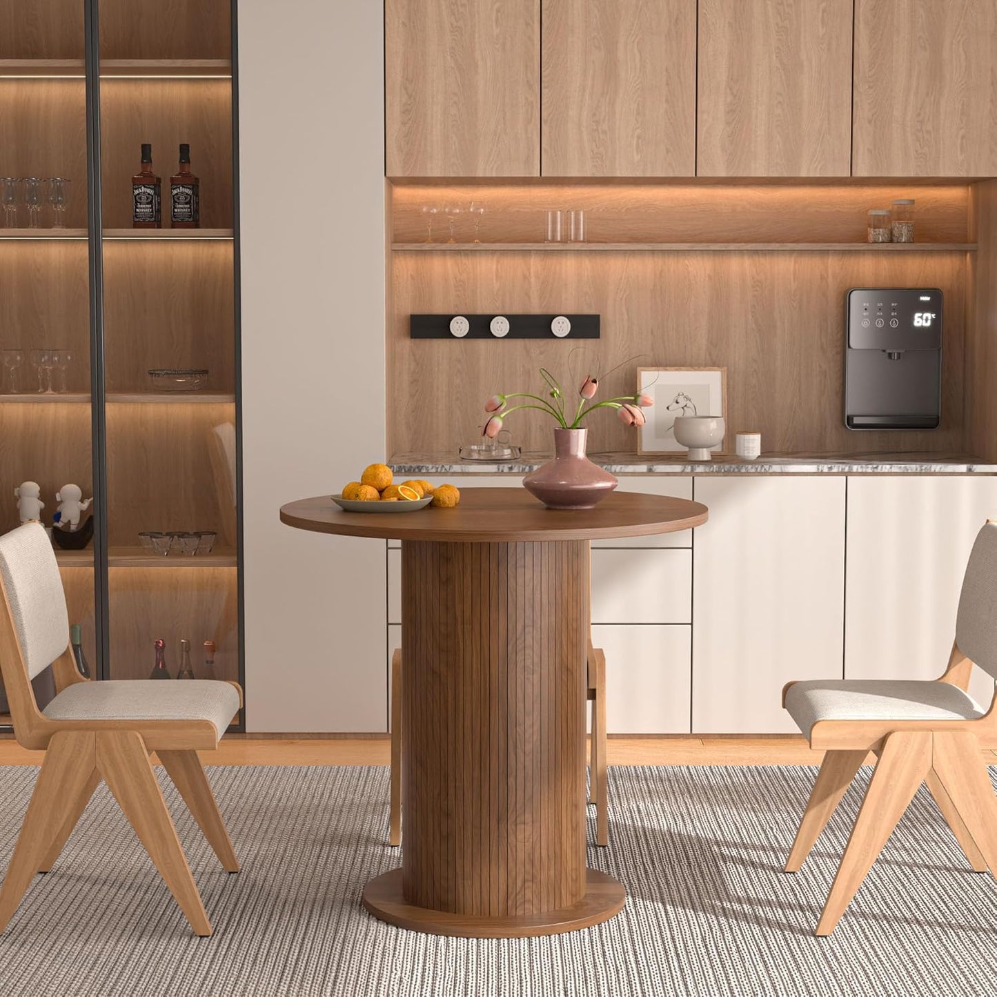 31.5 inch Round Dining Table for 2, Modern Farmhouse Kitchen Table, Small Circle Dining Tables with Wood Strip Base for Kitchen Living Room (Walnut)