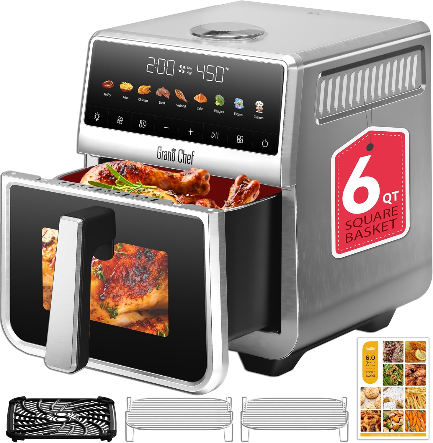 Stainless Steel Air Fryer 6 Qt, Ceramic glaze Air Fryer, Stainless Steel Housing& Full Metal Inner Pot, PTFE and PFAS Free, 9 Digital One-Touch Cook Functions,120°F~450°F, 1700W