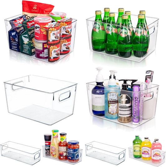 Joymeezo Clear Plastic Storage Bins-8 Pcs Pantry Organizers and Storage Containers with 4 Large (11"x8"x6") and 4 Small Snack Containers, Home Organization for Bathroom, Kitchen, Closet and Office