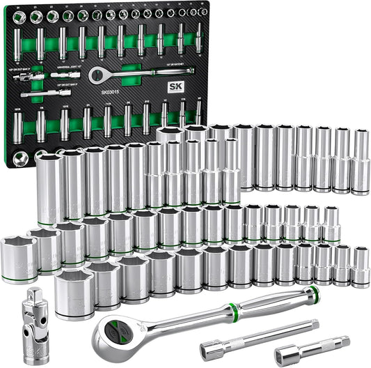 SK 1\/2" Drive Socket Set with 160-P Ratchet, 52-Piece, SAE & Metric, SuperKrome Finish, Premium CR-V Construction, with EVA Foam Tool Organizer