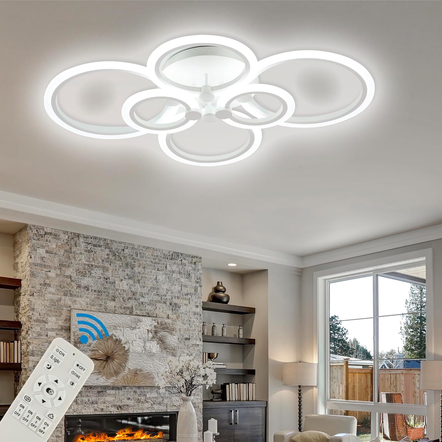 SJV Modern Ceiling Lights- Dimmable LED Ceiling Lamps 31.4" Flush Mount LED Chandelier Lighting Fixture White 6 Rings Light for Living Kitchen Dining Room, Bedroom 3000\/4000\/6500K with Remote