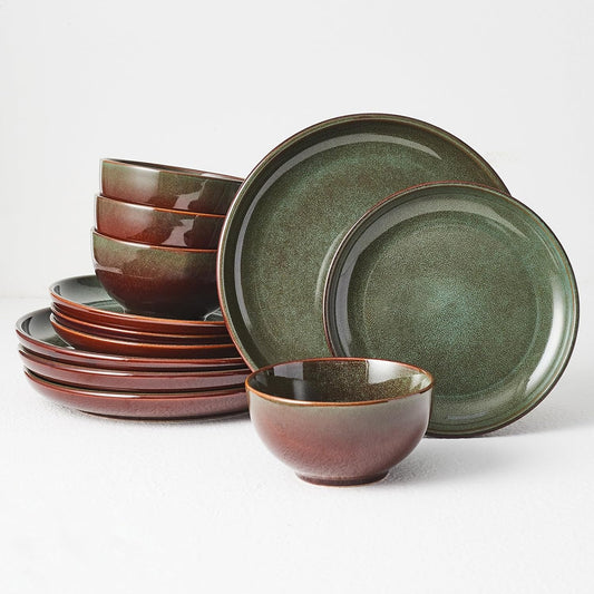 Pokini Stoneware Dinnerware Sets Service for 4, 12 pcs Reactive Glaze Plates and Bowls Sets, Handmade Ceramic Dish Set, Highly Chip and Crack Resistant Modern Plate Set, Brown Green