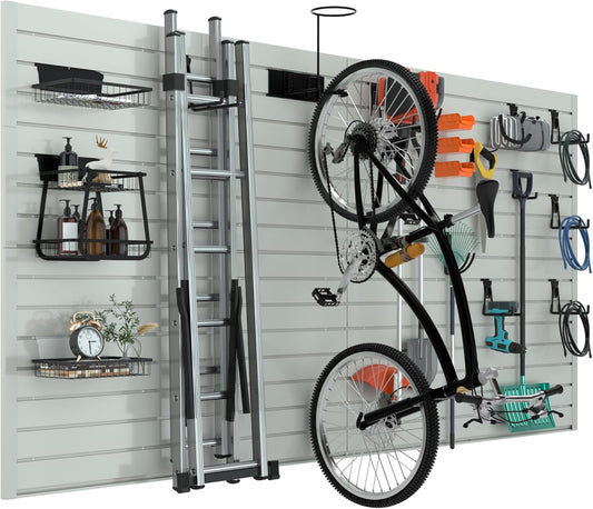 RELIANCER PVC Slat Wall Panels,4ft by 8ft (32 sqft) Garage Wall Organizer Storage System,Interlocking Slatwall Paneling Sheets,Workshop Slatwall Shelves Tools Organization,Wall Mounted Storage Rack