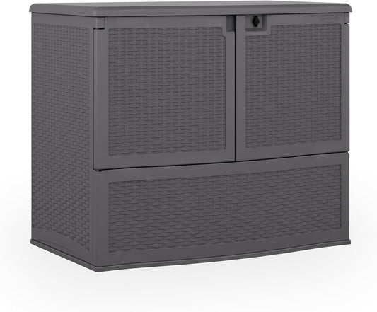 Suncast Backyard Oasis Vertical Deck Box, 195-Gallon Patio Storage Box for Furniture Cushions, Grill Tools, and Pool Accessories, Cool Gray, Made in the USA