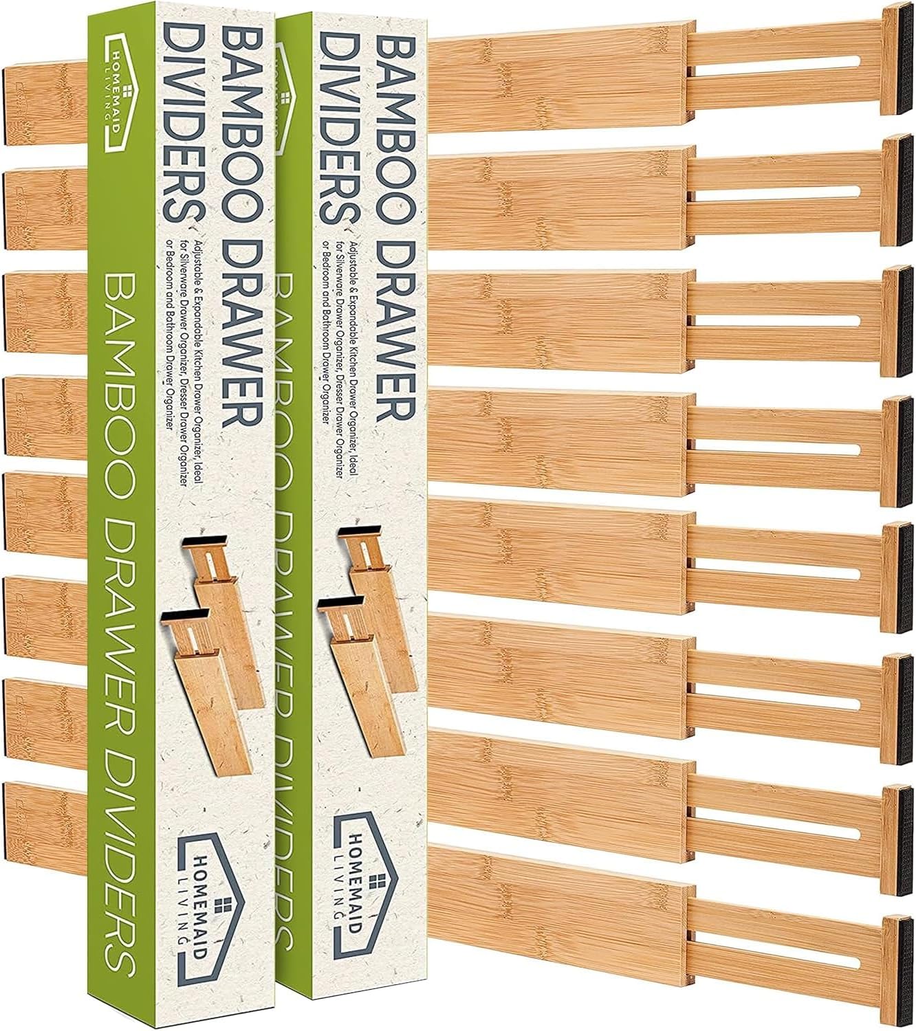 Homemaid Living Bamboo Drawer Dividers Adjustable & Expandable, Kitchen Drawer Organizer, Ideal for Silverware, Dresser Drawers Organizer or Bedroom & Bathroom Drawers Organizers (8pk)