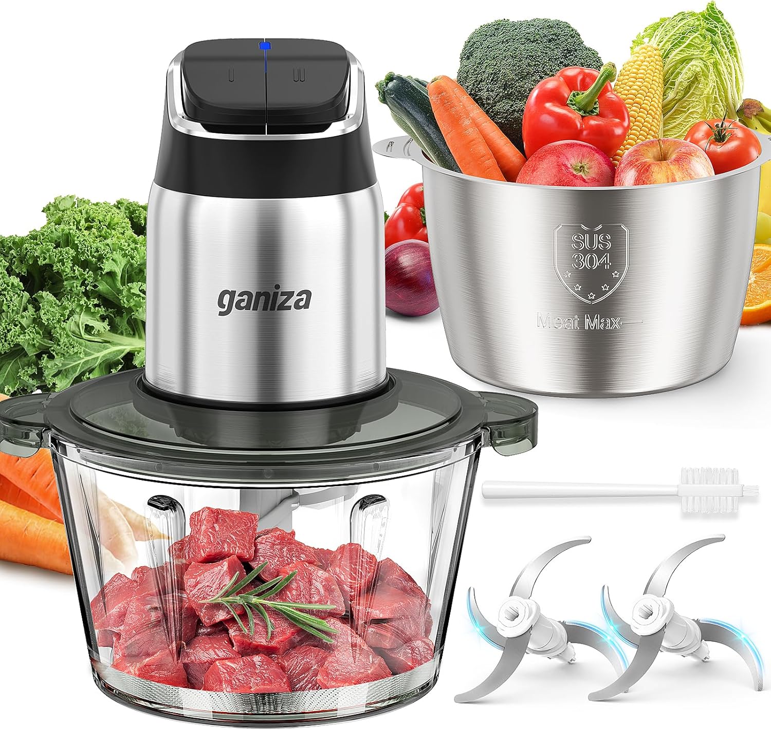 Ganiza Food Processor, 2-Speed Food Chopper Meat Grinder with 8 Cup Stainless Steel & 8 Cup Glass Bowls, Upgraded Button & Smart Overheat Protection Light - Includes Clean Brush, 2 Sets of Blades