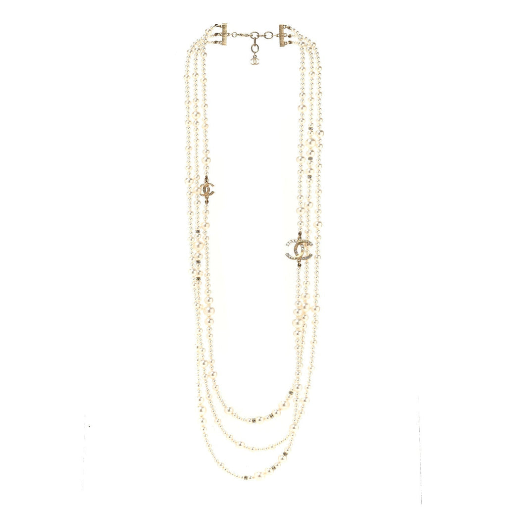 Metal Pearl Crystal Graduated CC Multi Strand Necklace Gold