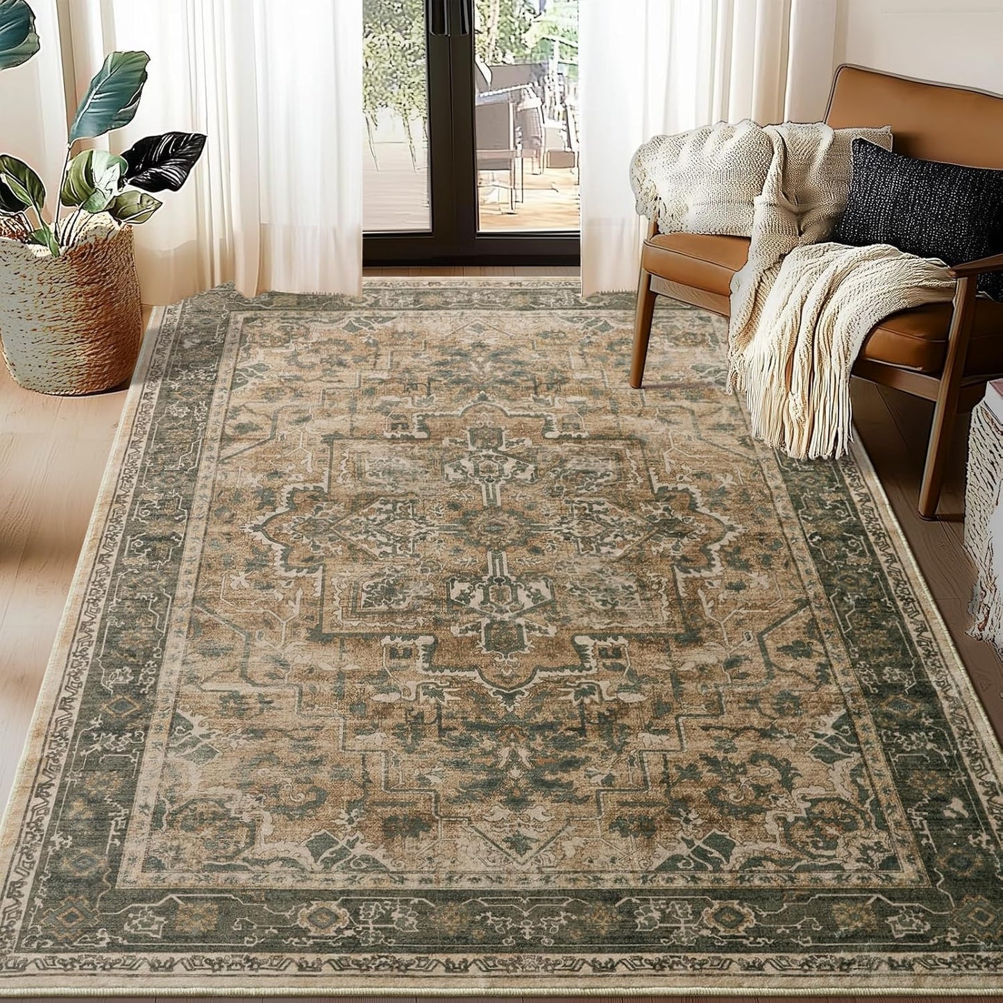 Jainmy Vintage Distressed 5x7 Area Rugs for Living Room Bedroom Non Slip Washable, Medallion Pattern Printed Low Pile Thin Carpet Rugs for Dining Room\/Kitchen\/Home Office, Multi Brown\/Green
