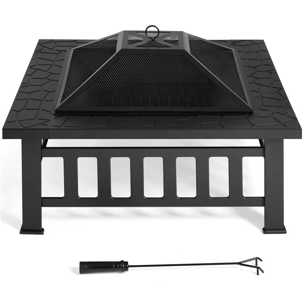 Alden Design 34'' Metal Square Fire Pit Stove Brazier for Graden with Cover & Poker, Black