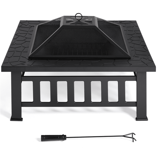 Alden Design 34'' Metal Square Fire Pit Stove Brazier for Graden with Cover & Poker, Black