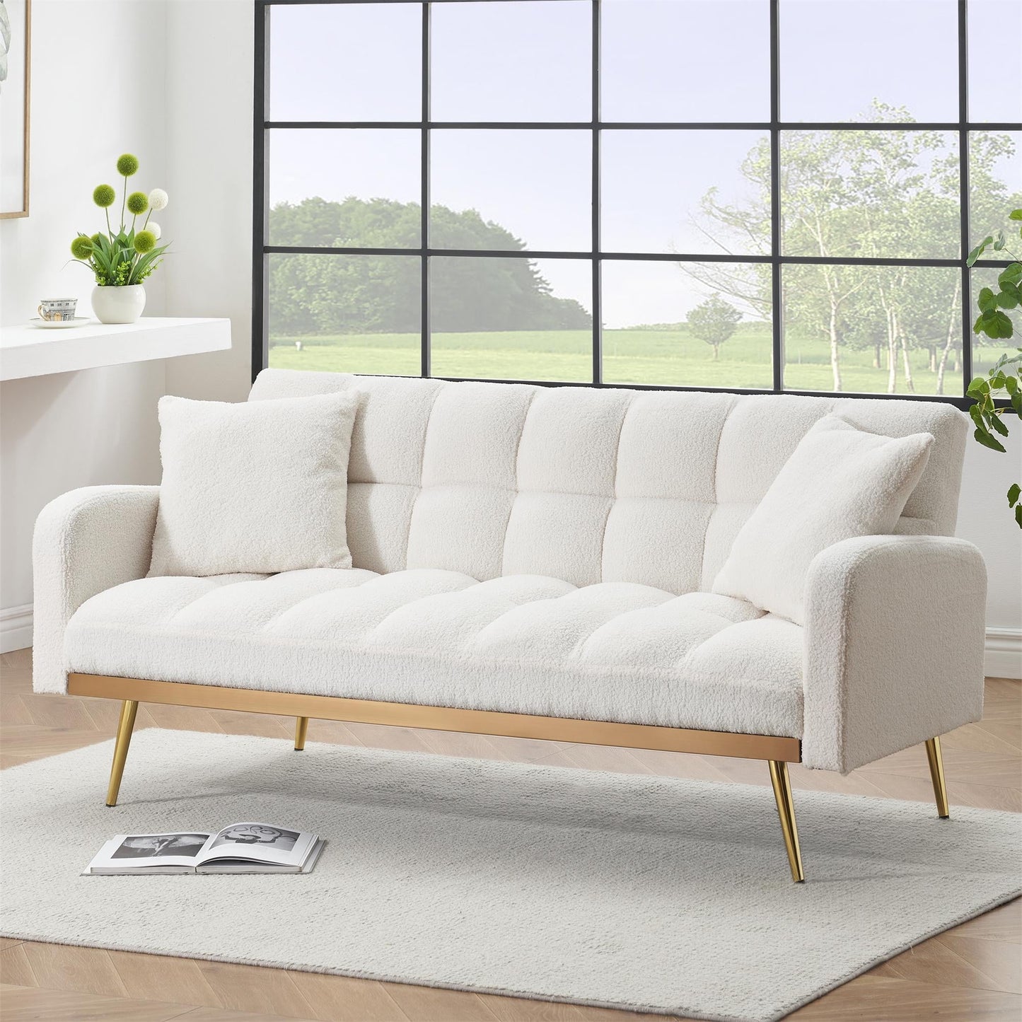 Aukfa Square Tufted Futon Convertible Sofa Bed for Home Office, 2 Pillows, Teddy Fleece, Beige