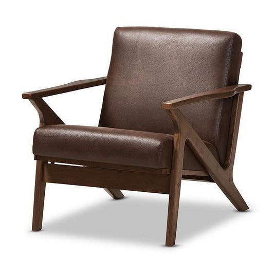 Baxton Studio Bianca Mid-Century Modern Walnut Wood Dark Brown Distressed Faux Leather Lounge Chair