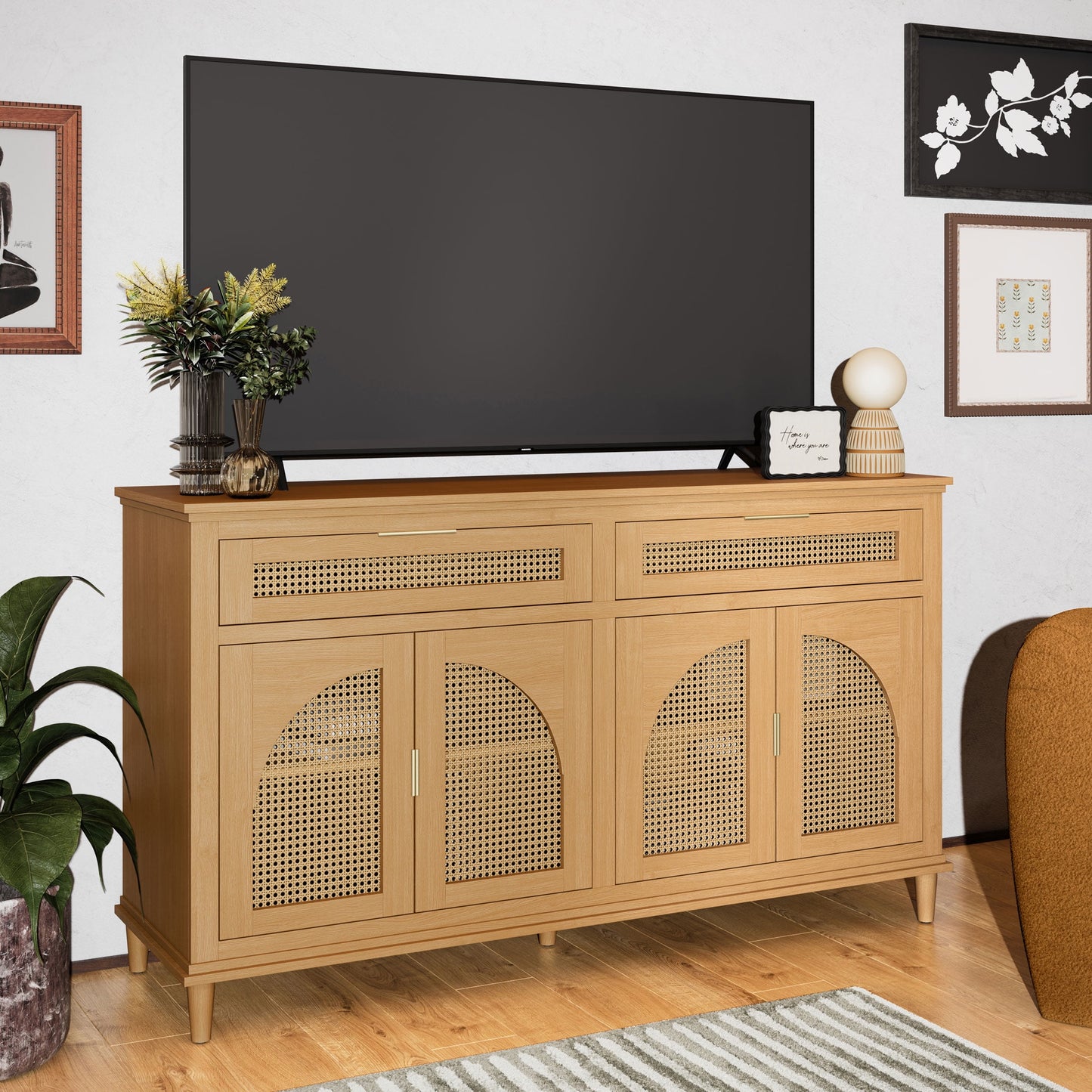 Beautiful Drew Rattan Media Console with Teched Away Drawer by Drew Barrymore, Warm Honey Finish