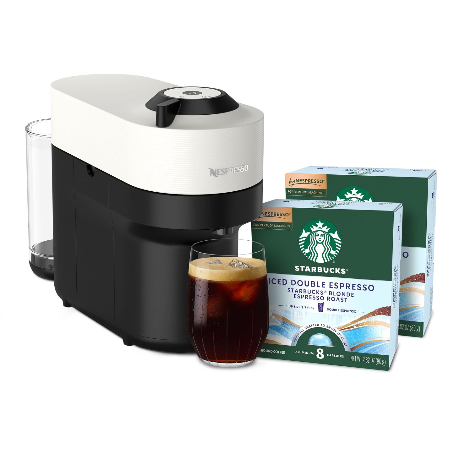 Nespresso Bundle, Vertuo Pop Machine and Starbucks Iced Double Espresso Capsules, 16 Pods
