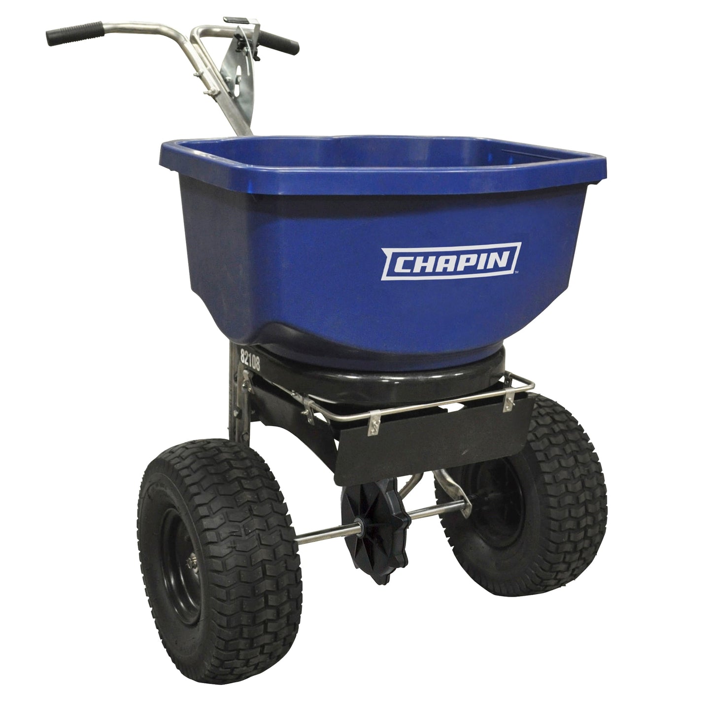 Chapin 82108B: 100-pound Professional and Residential Salt and Ice Melt Broadcast Spreader, Front and Side Baffles, 14" Tires, Stainless Steel Frame, Blue