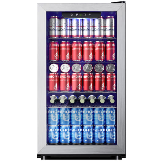 EUHOMY 125 Can Beverage Refrigerator and Mine Cooler with Glass Door for Soda Beer or Wine