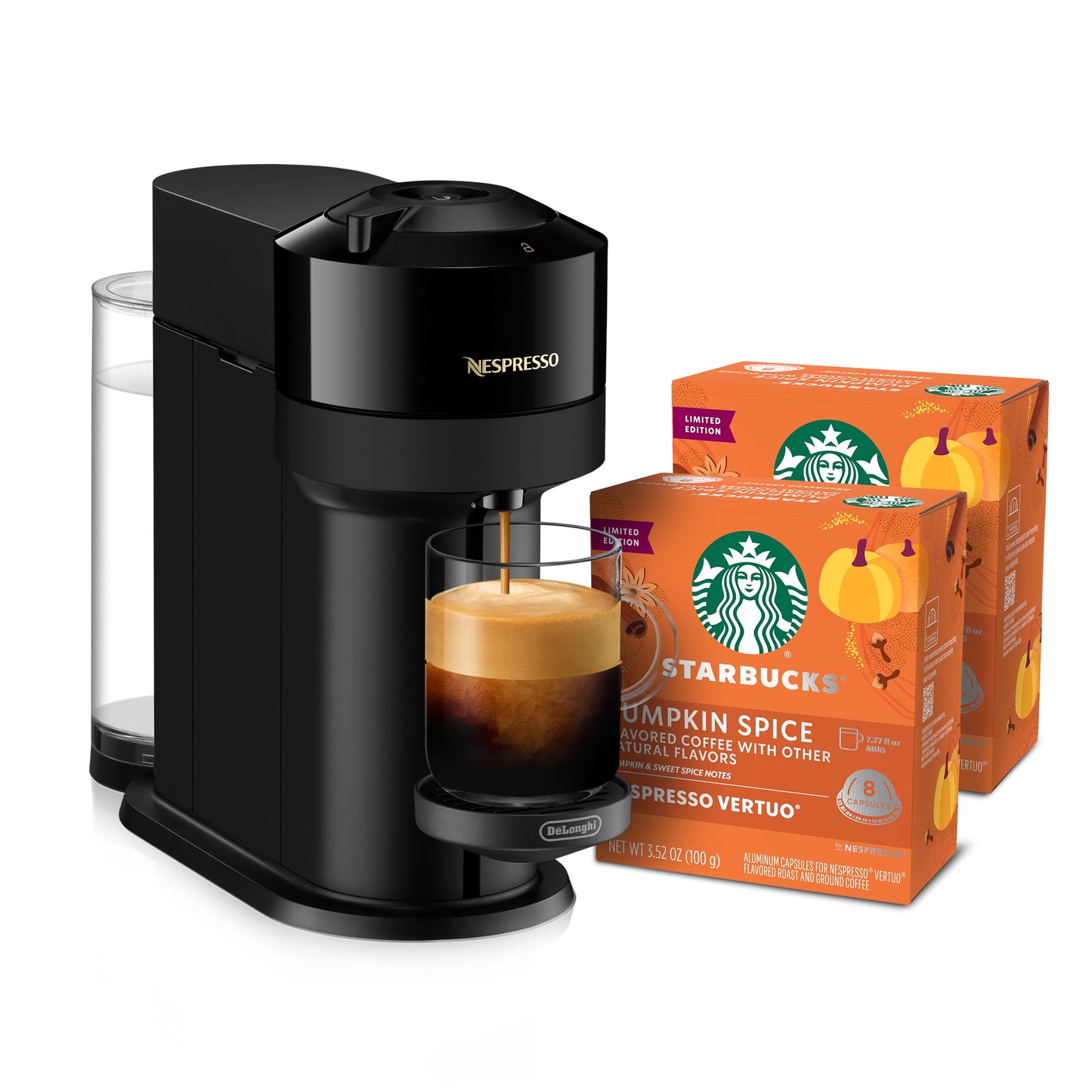 Nespresso Bundle, Vertuo Next Machine and Starbucks Pumpkin Spice Capsules, 16 Pods