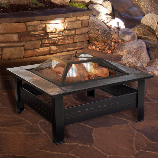 Fire Pit Set, Wood Burning Pit -Includes Screen, Cover and Log Poker- Great for Outdoor and Patio, 32 InchÂ? Marble Tile Square Firepit by Pure Garden
