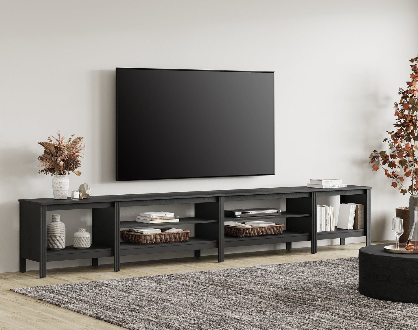 Fitueyes 118" Wood TV Stand for 85-100" TVs, Media Console Table with Open Shelves for Living Room Bedroom, black