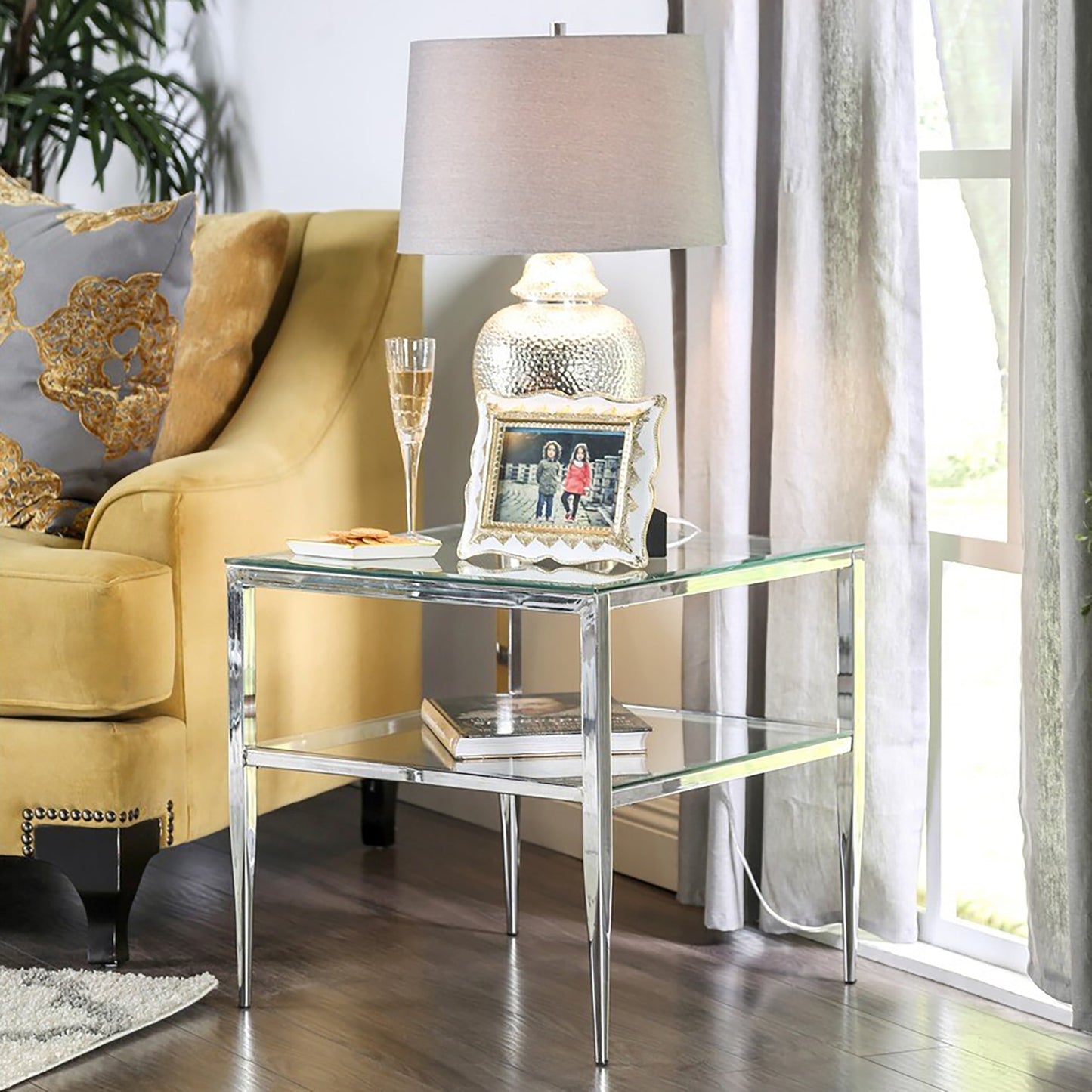 Furniture of America Sparling Glass Top End Table, Chrome